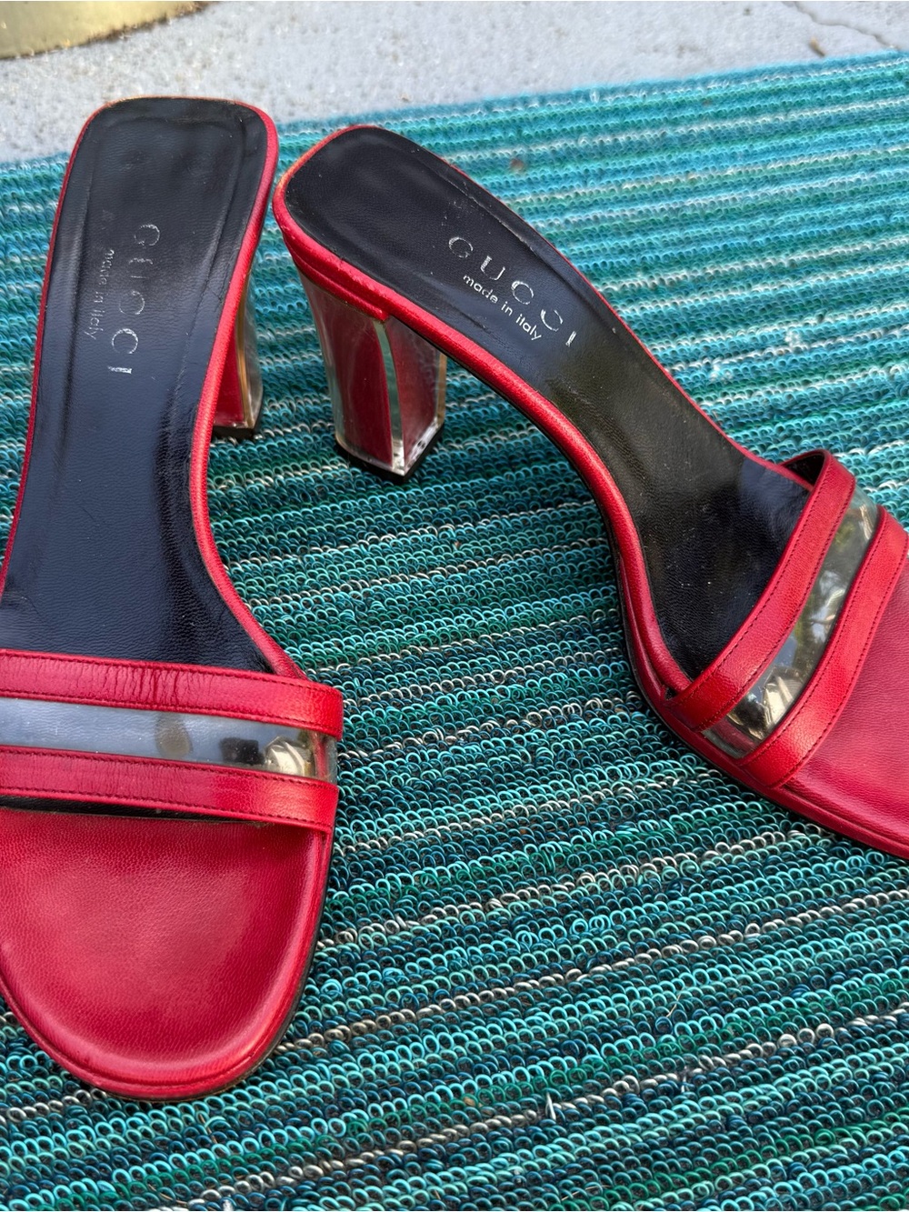 Vintage Gucci Red Leather Mules | Lucite Heel | Made in Italy | Tom Ford Era